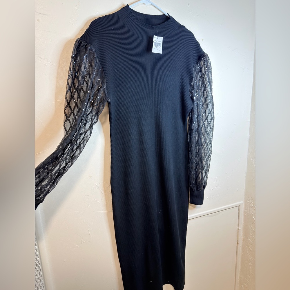 Women's Black Knit Dress with Sheer Diamond-Pattern Sleeves